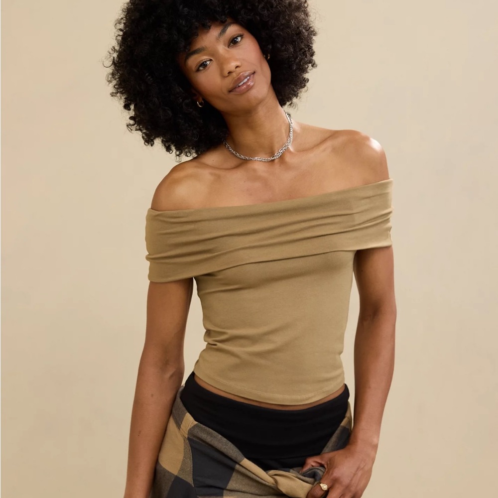 NWT Aerie Chill Up Off Shoulder Soft Knit Top in Soft Stone Brown - Size L